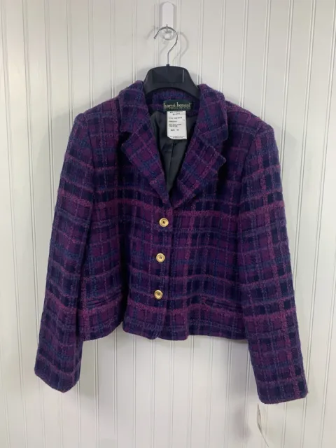 Harve Benard Purple Plaid Wool Jacket Size 16 Gold Buttons