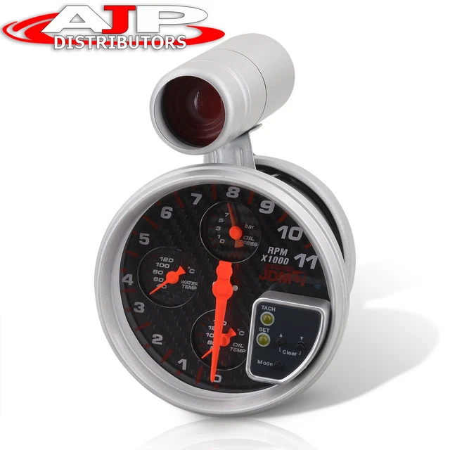 Universal 5" RPM Water Oil Pressure Temp Tach Tachometer Gauge Cluster Carbon