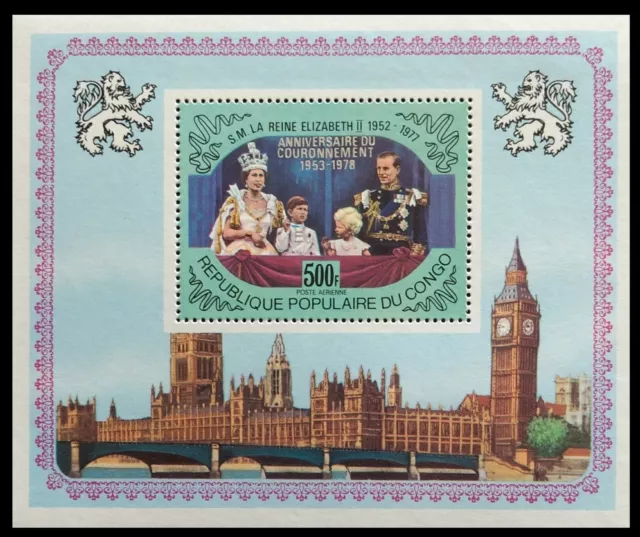 121.CONGO 1978 Briefmarke M/S Krönung Königin Elisabeth II Mit Silber Überdruck