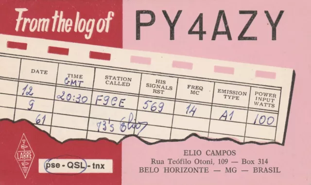 Carte QSL Radio Amateur Opérateur PY4AZY de E CAMPOS a BELO HORIZONTE BRESIL