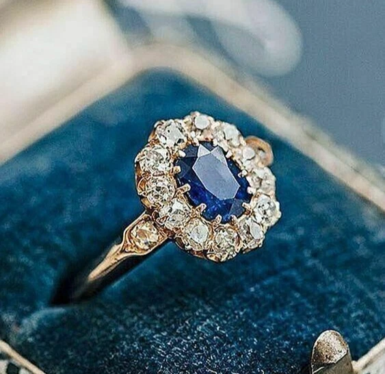 Victorian Vintage 3Ct Blue Sapphire Art Deco Diamonds Ring 14K Rose Gold Plated