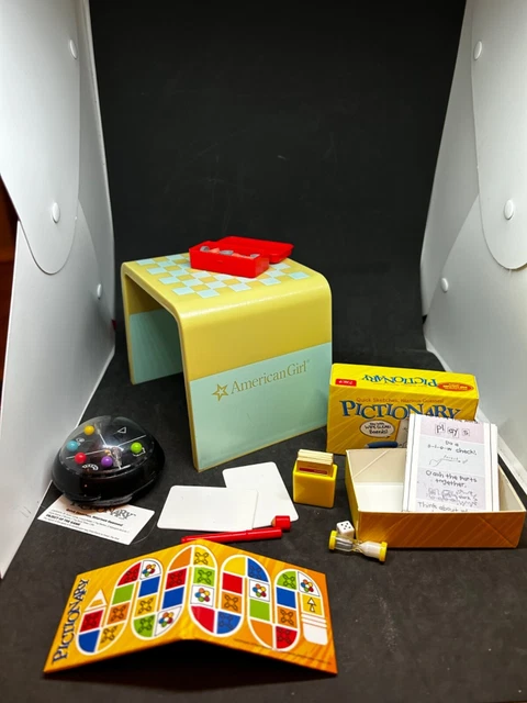 american girl 18 in doll game night set, checkers table pictionary rollerball