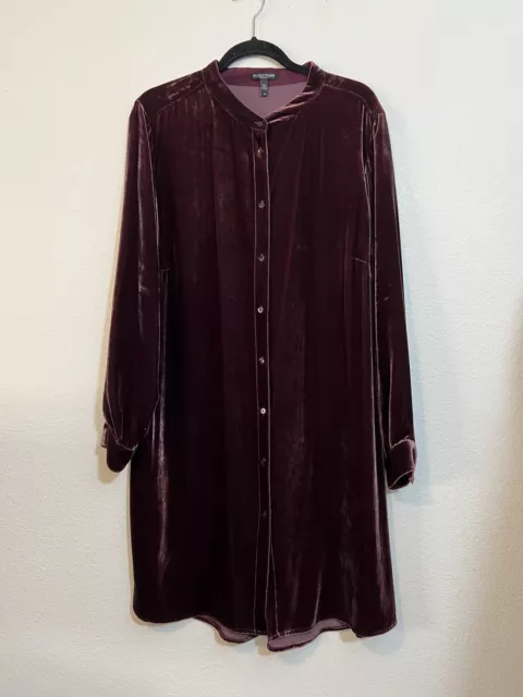 Eileen Fisher Velvet Mandarin Collar Long Shirt Dress Sz 1X Raisinette Tunic