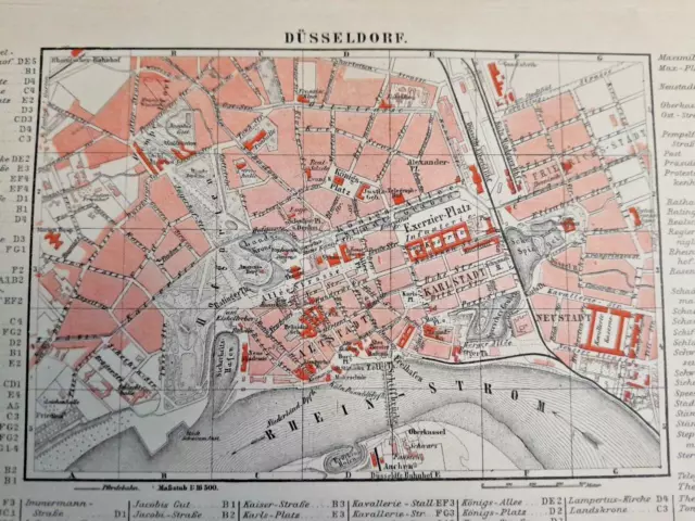 1894 DUSSELDORF VINTAGE MAP Germany City Plan Color Original C10-1