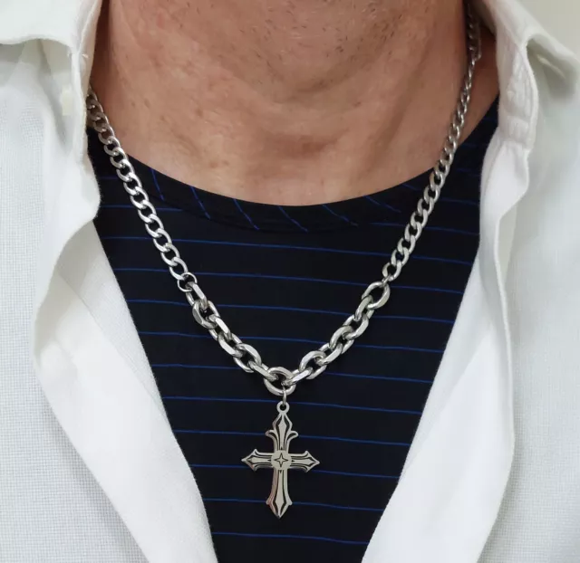 Collana da uomo con croce in acciaio catena lunga 60 cm con ciondolo a croce