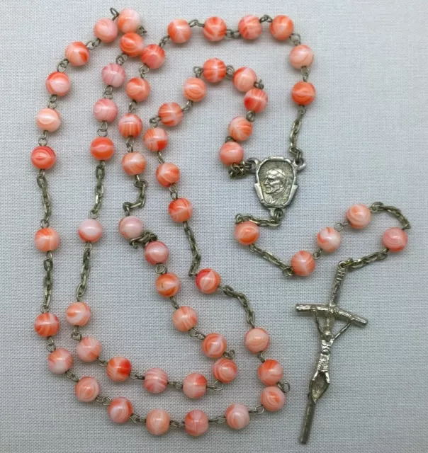 Vintage Pope John Paul II Rosary Coral Color Glass Beads Roma 31"