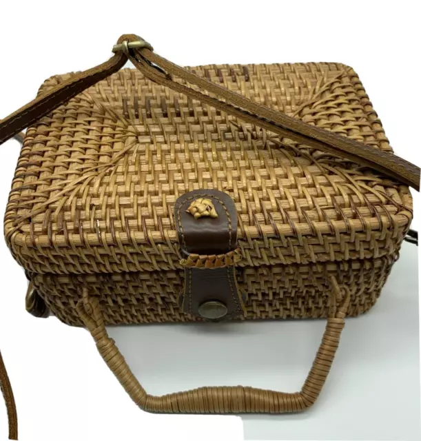 Wicker  Rattan Straw Crossbody Bag Purse Leather Strap Vietnam 7"