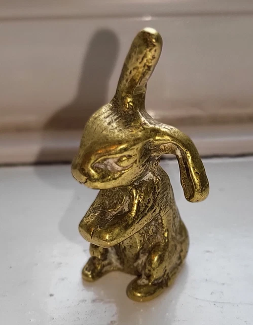 RABBIT FIGURINE ANTIQUE March Old Gold Lustre Vintage Solid Brass Hare ...