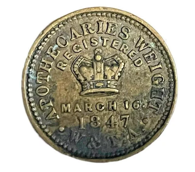 Two Dram Apothecaries Brass Weight, 1847 By W&T.a