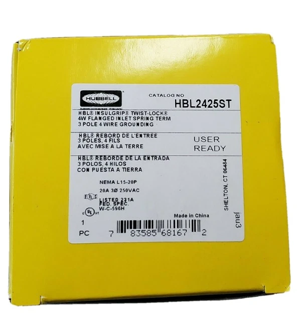 Hubbell Hbl2425ST 20A Flanged Twist-Lock Inlet 3P 4W 250Vac L15-20P 