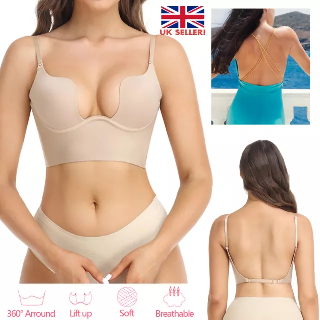 WOMEN LOW BACK Bra Wire Lifting U Shaped Plunge Backless Bra With Clear  Straps £17.79 - PicClick UK