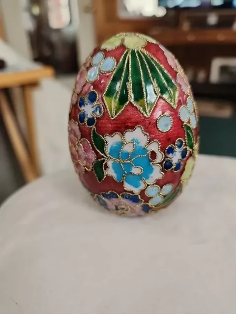 Cloisonne Egg Ornament Gold Enameled Raised Wire Champleve Floral Flowers