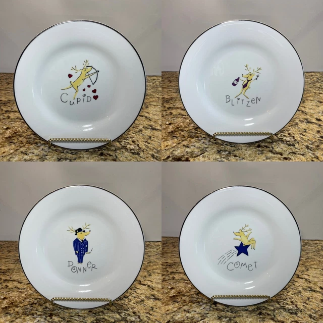 Set 4 Pottery Barn Reindeer Dinner Plates Christmas Cupid Donner Blitzen Comet