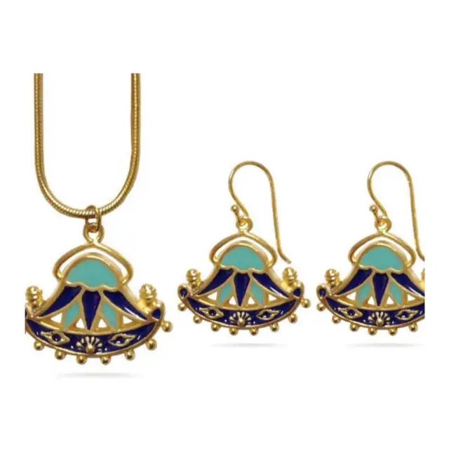 18K Gold Plated Egyptian Aqua and Royal Blue Lotus Flower Necklace and Earrings