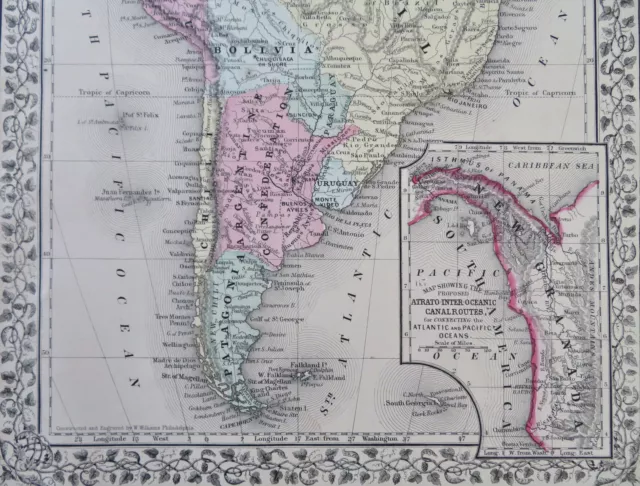 South America hand colored 1869 Mitchell map proposed RR Atrato Canal route 3