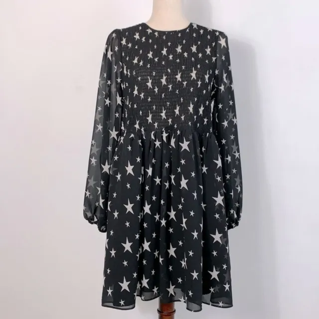 Asos Design Shirred Smocked Star Print Mini Dress Black & White Sz 10