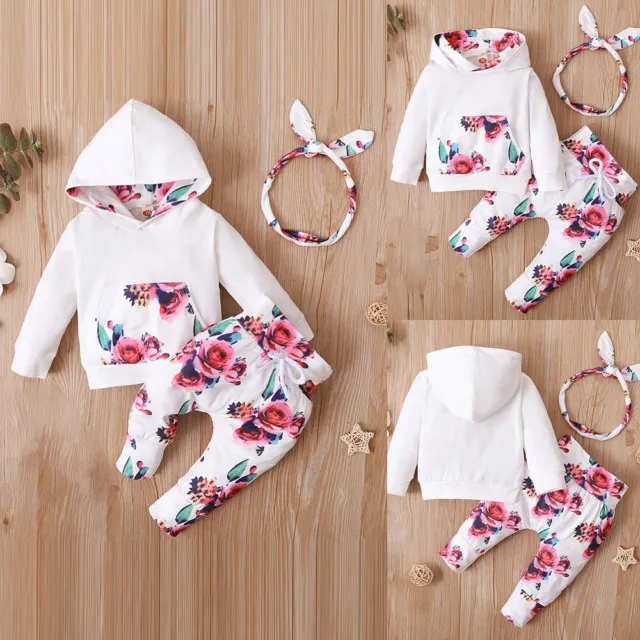 UK Baby Kids Girls Infant Clothes Tracksuit Floral Hooded Tops Pants Outfits Set