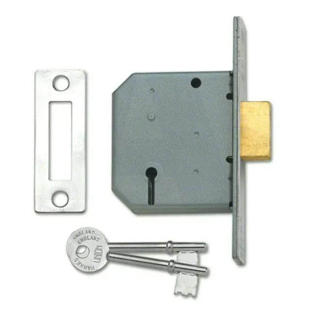 Union 2177 3 Lever Mortice Deadlock - 2.5 - 3.0" Brass and Satin Chrome Finish