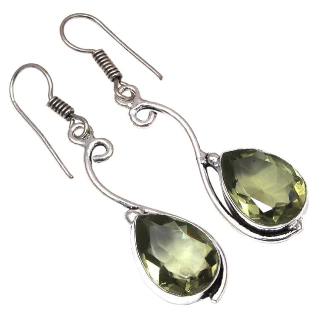 Green Amethyst Gemstone Marriage Gift 925 Silver Jewelry Earrings 1.5''