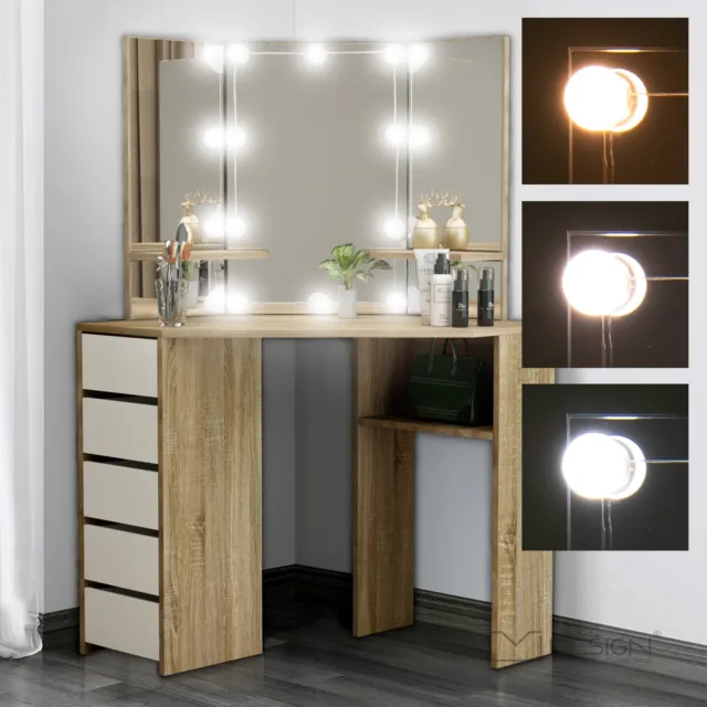 Tocador espejo mesa escritorio de maquillaje comoda cajónes MDF sonoma con LED