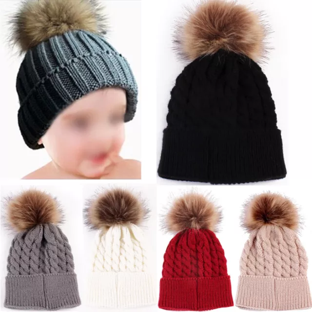 Newborn Baby Boy Girl Fur Pom Hat Winter Warm Crochet Knit Bobble Beanie Cap CXx