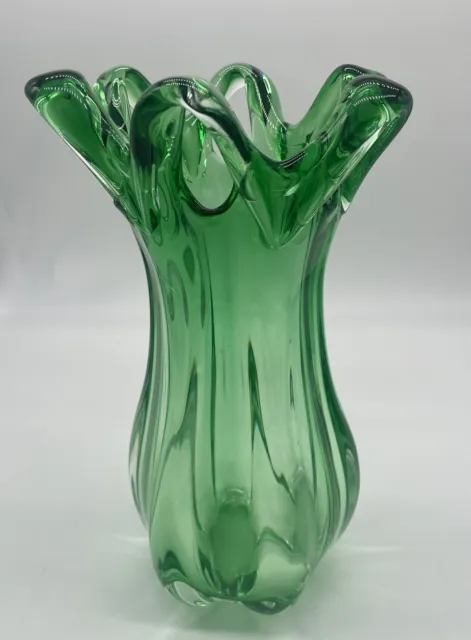 Hand Blown Emerald Art Glass Vase Pulled Tips With Openings