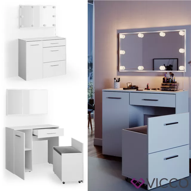 Coiffeuse Vicco Klara blanche, avec miroir, banc, table de maquillage