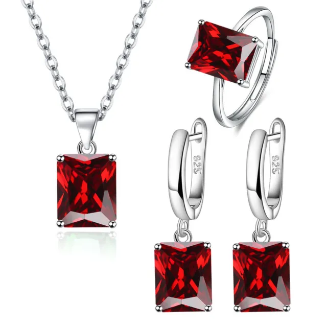 Womens 925 sterling Silver earrings necklace ring red square zircon jewelry sets