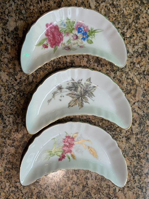 3 VTG Crescent Moon Shaped China Trinket Ring Bone Bread Butter Salad White Dish