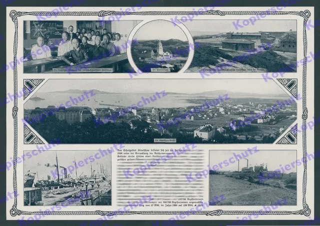 Panorama Kiautschou Häuser Hochschule Kirche Hafen Schantung Bergwerk China 1911