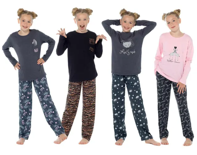 Girls Long Pyjamas Kids Childrens Cotton Jersey Animal Pyjama Set Nightwear PJs