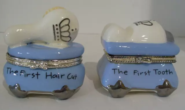 Mud Pie Baby Boy Prince First Tooth & Haircut Ceramic Trinket Box Set