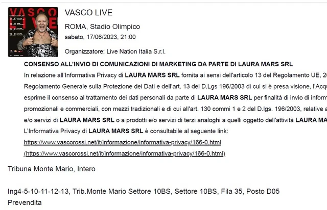 1 Biglietto concerto Vasco Rossi Roma 17/06