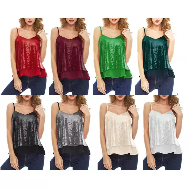 Women Chiffon Sparkling Sequin Crop Top Sleeveless T-Shirt Cami Vest Top