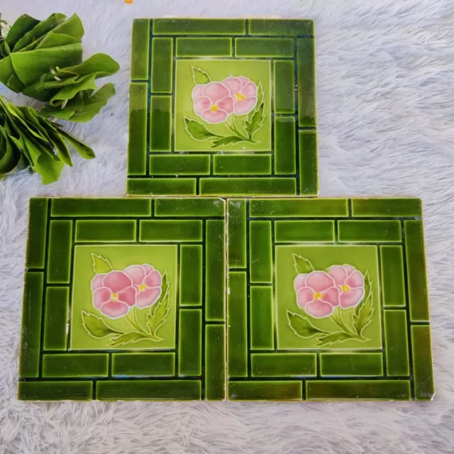 Vintage Embossed Floral Design Majolica Art Architecture Tile 3 Pc England CT91
