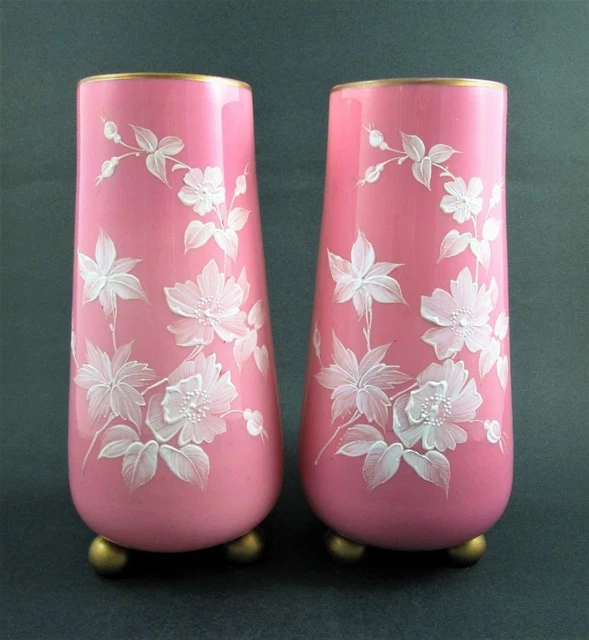 2 Antique Cased PINK Art Glass  9" VASES  -  WHITE Enamel Flowers GOLD Ball Feet