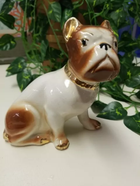 VINTAGE BULLDOG FIGURINE  BROWN WHITE GOLD DOG STATUE Porcelain BOXER PUPPY 6"