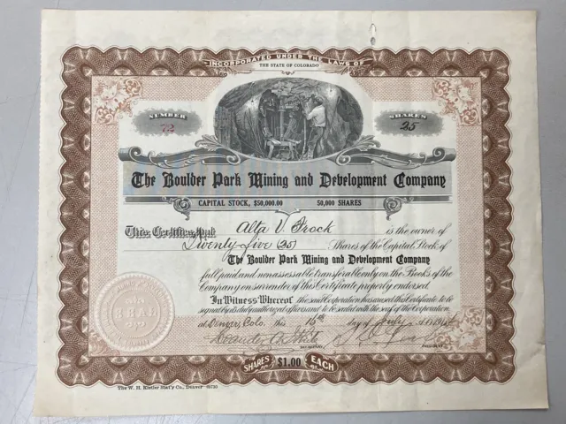 Antique 1914 Boulder Park Mining And Development Company Share Stock Certificate