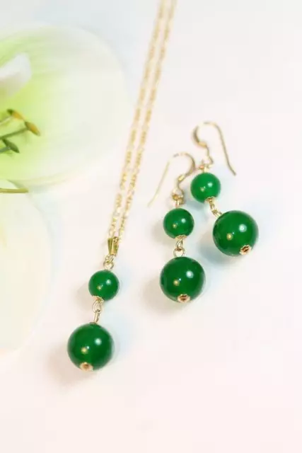 Women's Pendant Natural Green Jade Round Ball  14K Yellow Gold Over Free Earring