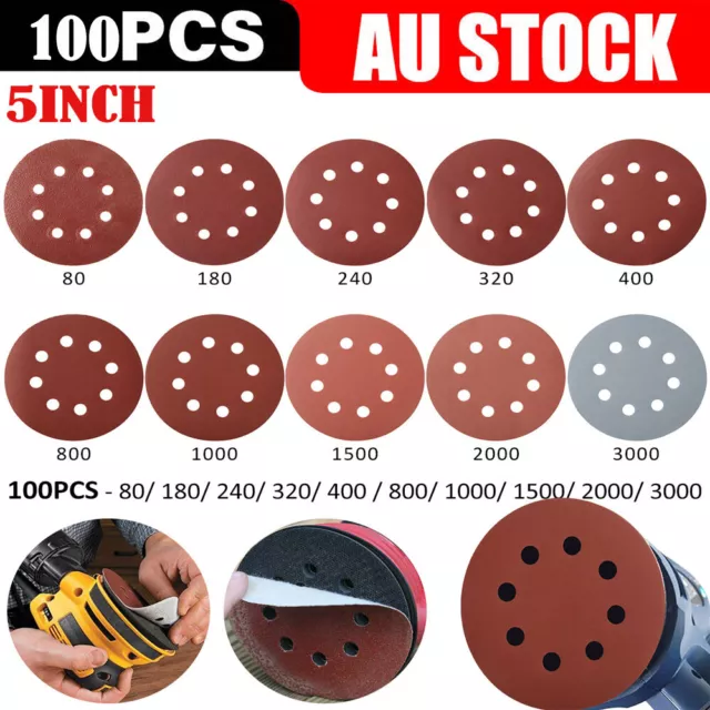 100X 125mm 8-Hole Sanding Discs 80-3000 Grit Hook and Loop Orbital Sander Pads↕