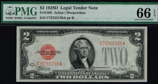 $2 1928D Legal Tender Note. CA Block. PMG 66 EPQ.  Quality Note