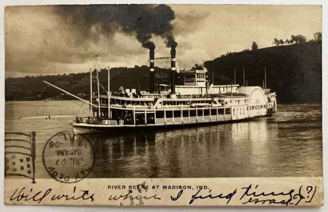 Antique Postcard River Scene at Madison Indiana In Steamboat RPPC 1906