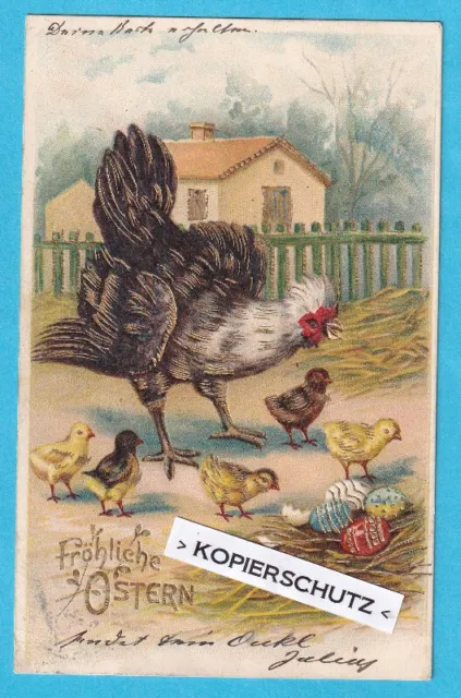 Künstler Litho Präge AK Fröhliche Ostern Henne und Küken Mit Golddruck gel. 1905