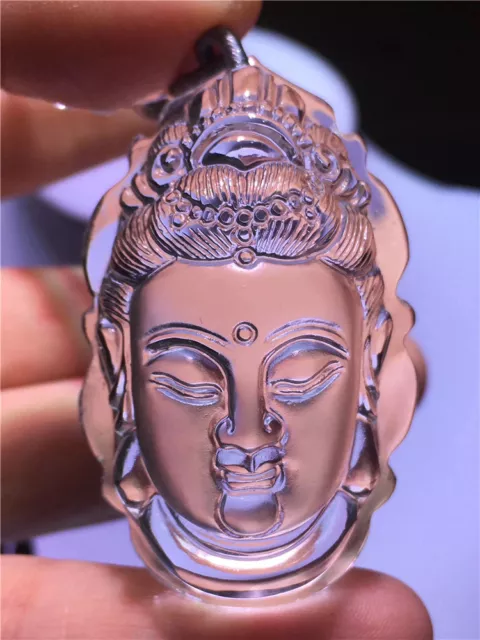100%Natural Clear White Crystal Quartz Carved Buddha Vairocana Pendant Necklace