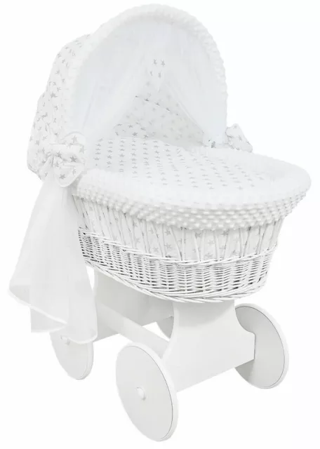 White Wicker Wheels Crib/baby Moses Basket+ Bedding Grey Stars On White/dimple