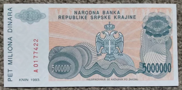 Croatia (Krajina) 5,000,000 Dinara 1993 P-R24a  Unc