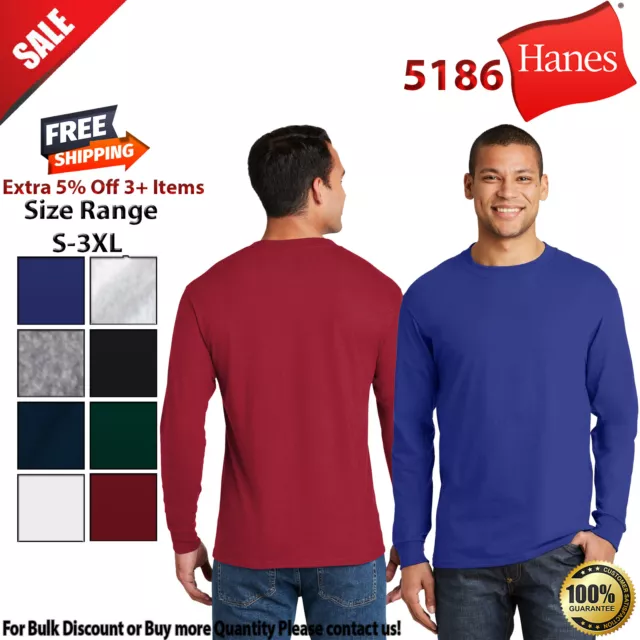 Hanes 5186 Mens Long Sleeve Beefy T 100% Cotton Plain Crew Neck Stylish T-Shirt