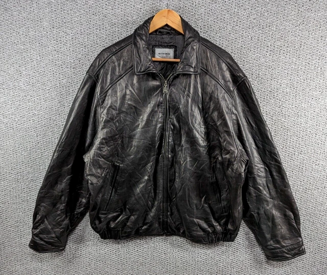 HATHAWAY Retro Men's Black Genuine Leather Soft Bomber Biker Jacket Size XL