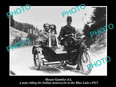 Old Large Historic Photo Of Mount Gambier Man Riding His Indian Motorcycle 1915