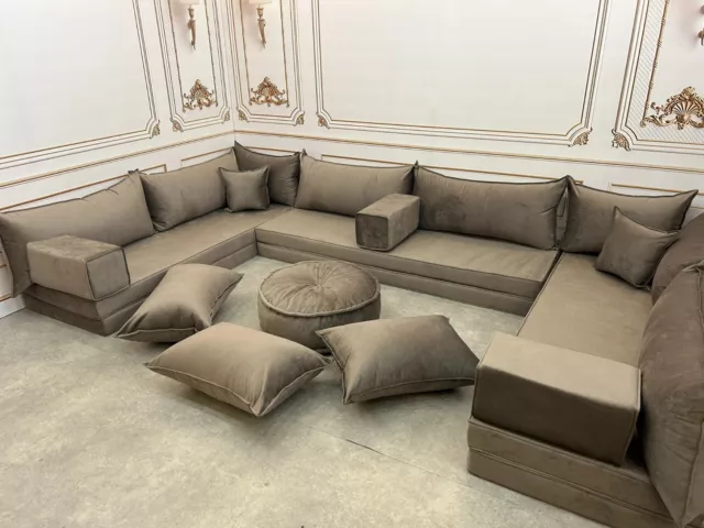 4+4" Thick U Shape Unique Touch Mocha Color Velvet Floor Cushion Sofa Set